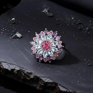 Floral Silver Ring with Amethyst, Aquamarine & Ruby | Sizes 6–12
